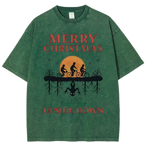 Retro "Merry Christmas From the Upside Down" Holiday-Fantasy Graphic Washed T-Shirt