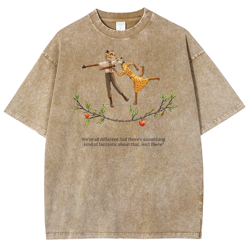 Retro "We're All Different" Whimsical Dance & Apple Branch Graphic Washed T-Shirt