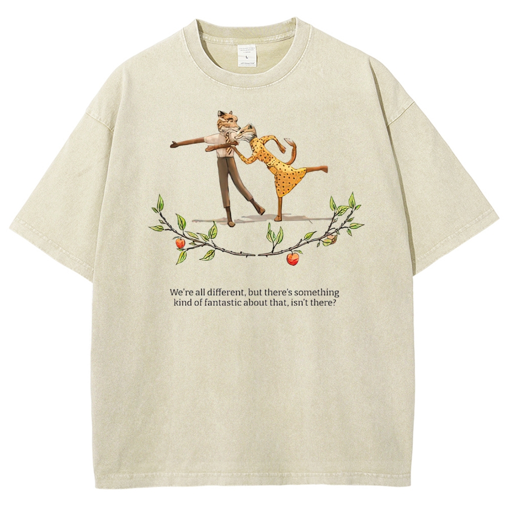 Retro "We're All Different" Whimsical Dance & Apple Branch Graphic Washed T-Shirt