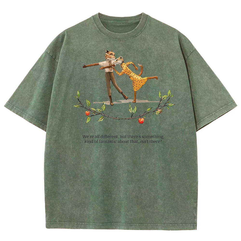 Retro "We're All Different" Whimsical Dance & Apple Branch Graphic Washed T-Shirt