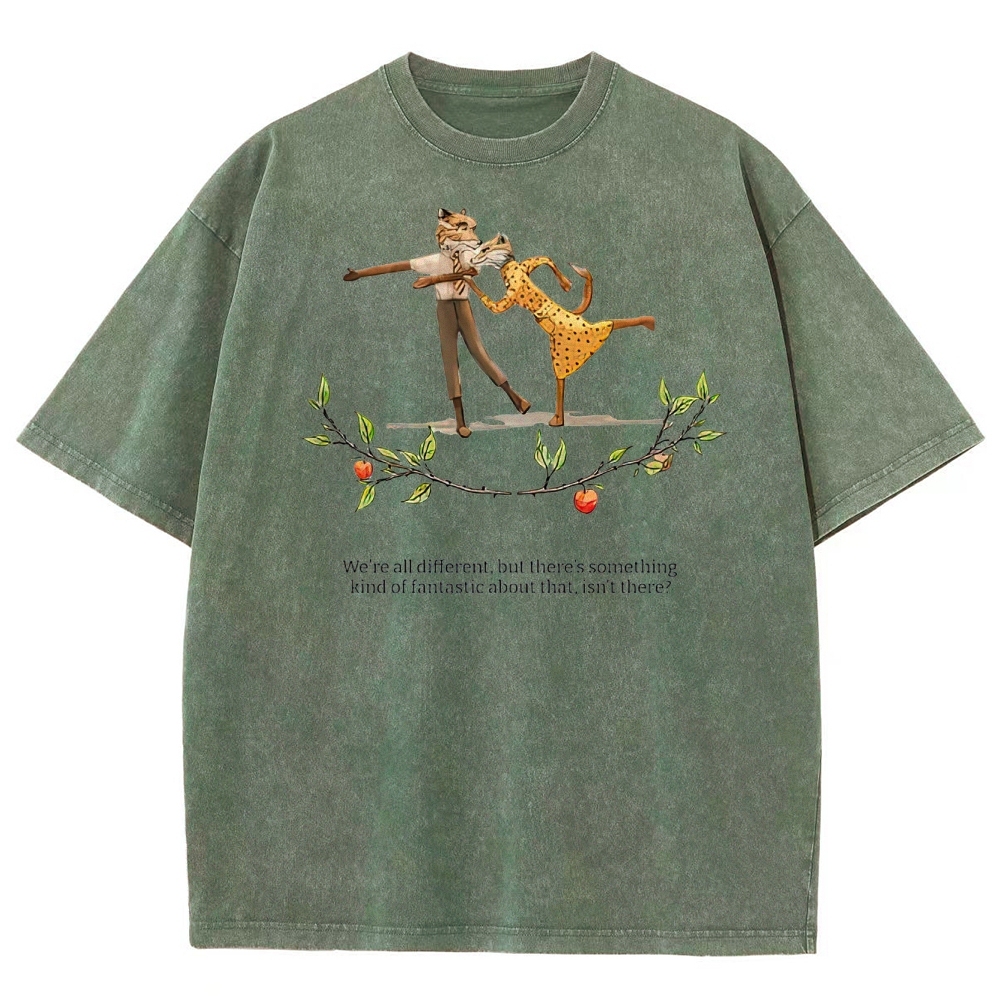 Retro "We're All Different" Whimsical Dance & Apple Branch Graphic Washed T-Shirt