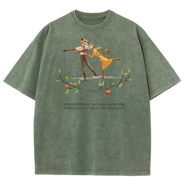 Retro "We're All Different" Whimsical Dance & Apple Branch Graphic Washed T-Shirt