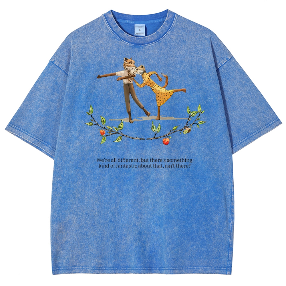 Retro "We're All Different" Whimsical Dance & Apple Branch Graphic Washed T-Shirt