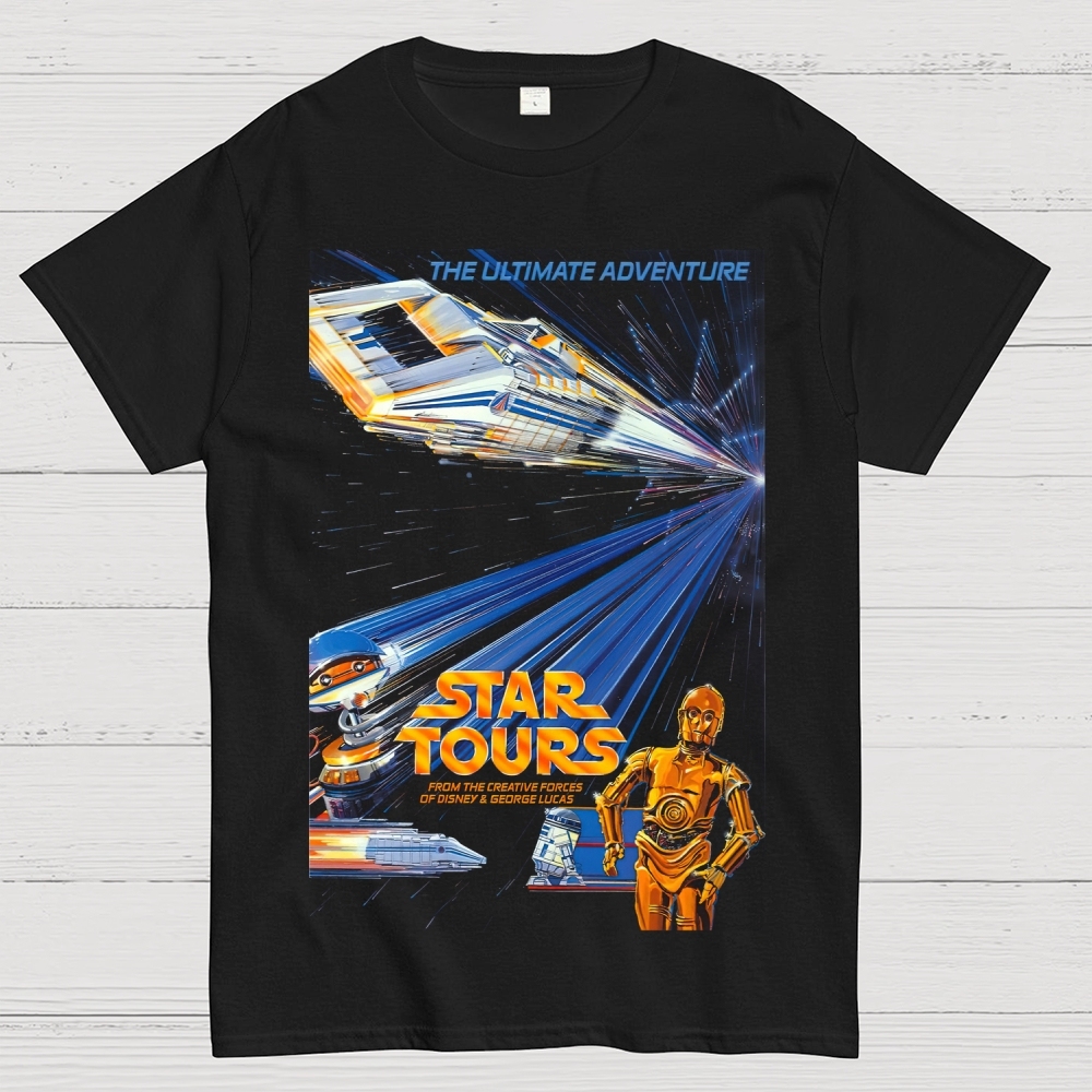 Retro "The Ultimate Adventure Star Tours" Sci-Fi Ride Graphic Cotton T-shirt