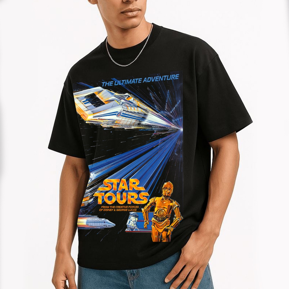 Retro "The Ultimate Adventure Star Tours" Sci-Fi Ride Graphic Cotton T-shirt