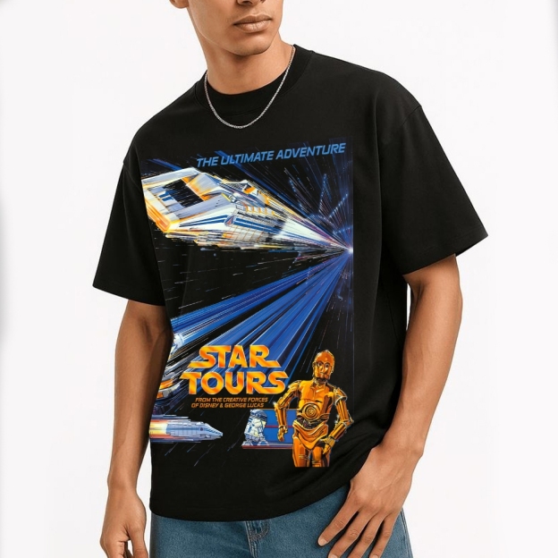 Retro "The Ultimate Adventure Star Tours" Sci-Fi Ride Graphic Cotton T-shirt
