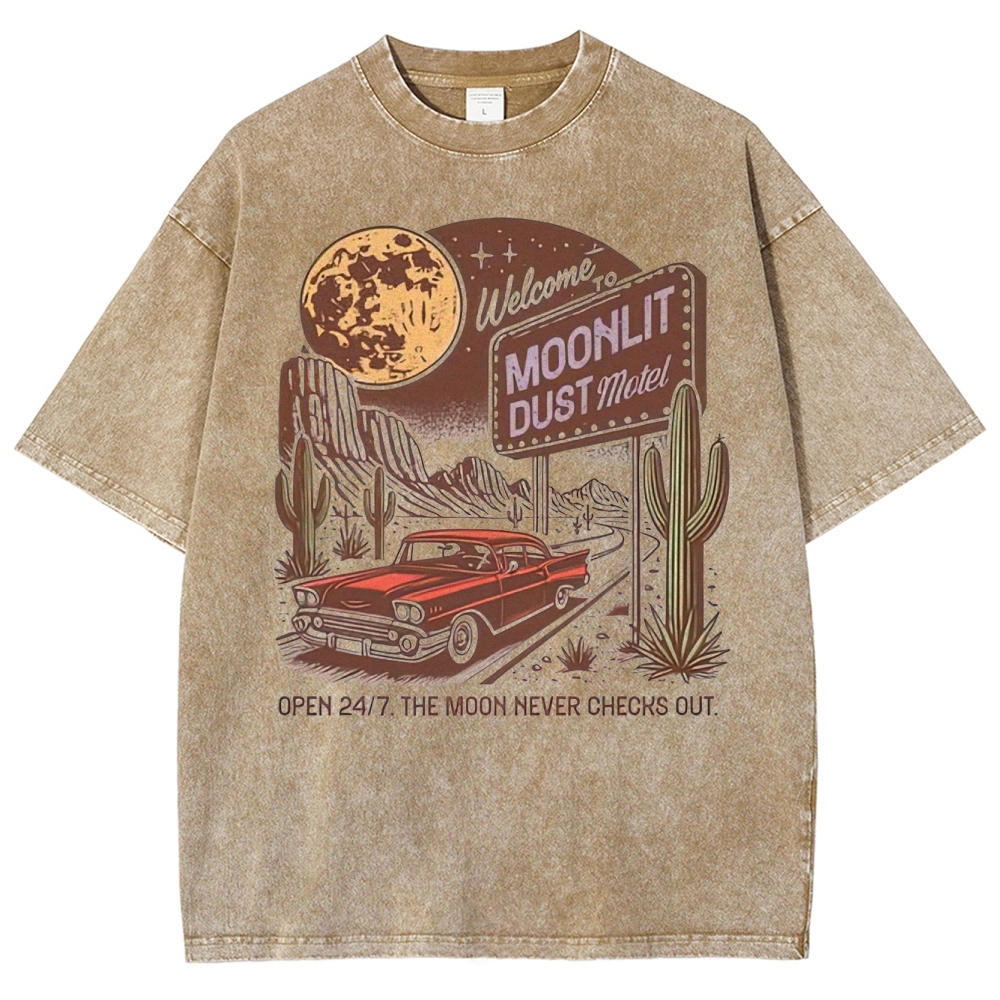 Retro "Moonlit Dust Motel" Desert Neon Sign & Vintage Car Graphic Washed T-Shirt 