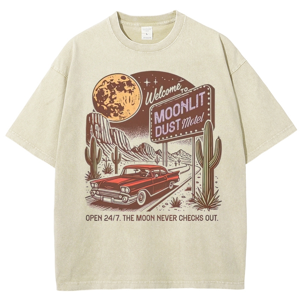Retro "Moonlit Dust Motel" Desert Neon Sign & Vintage Car Graphic Washed T-Shirt