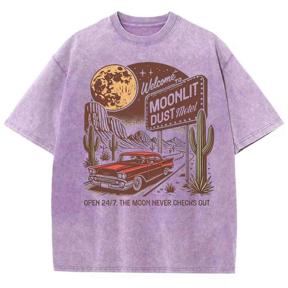 Retro "Moonlit Dust Motel" Desert Neon Sign & Vintage Car Graphic Washed T-Shirt 