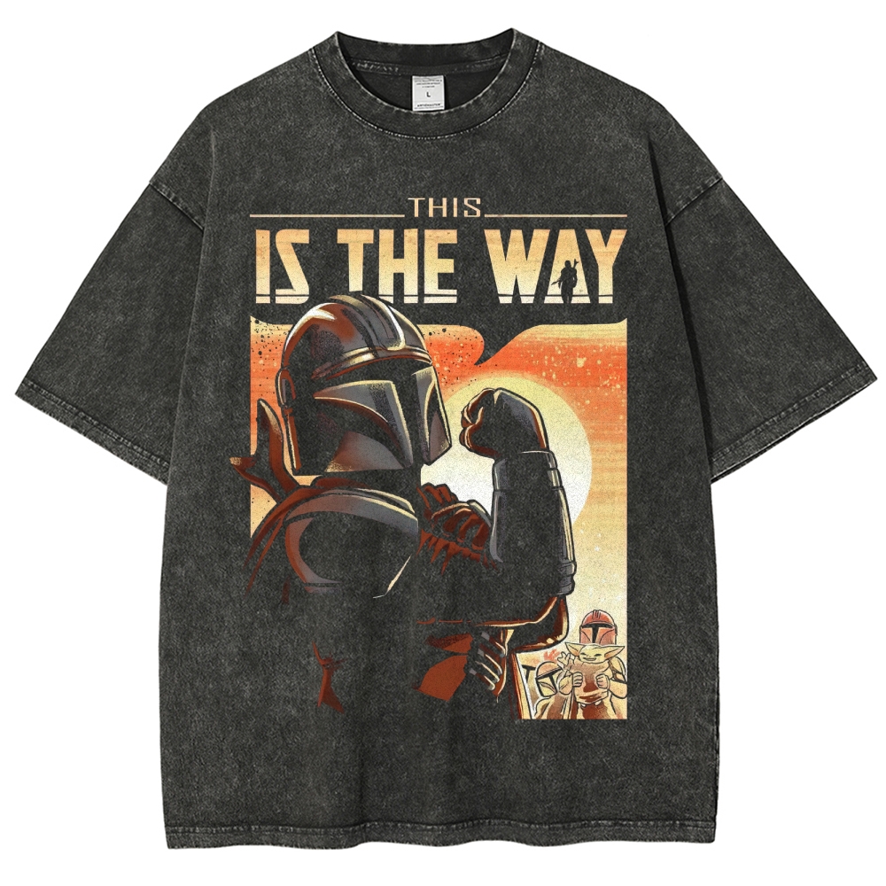 Retro "This Is The Way" Helmeted Figure & Sunset Graphic Washed T-Shirt