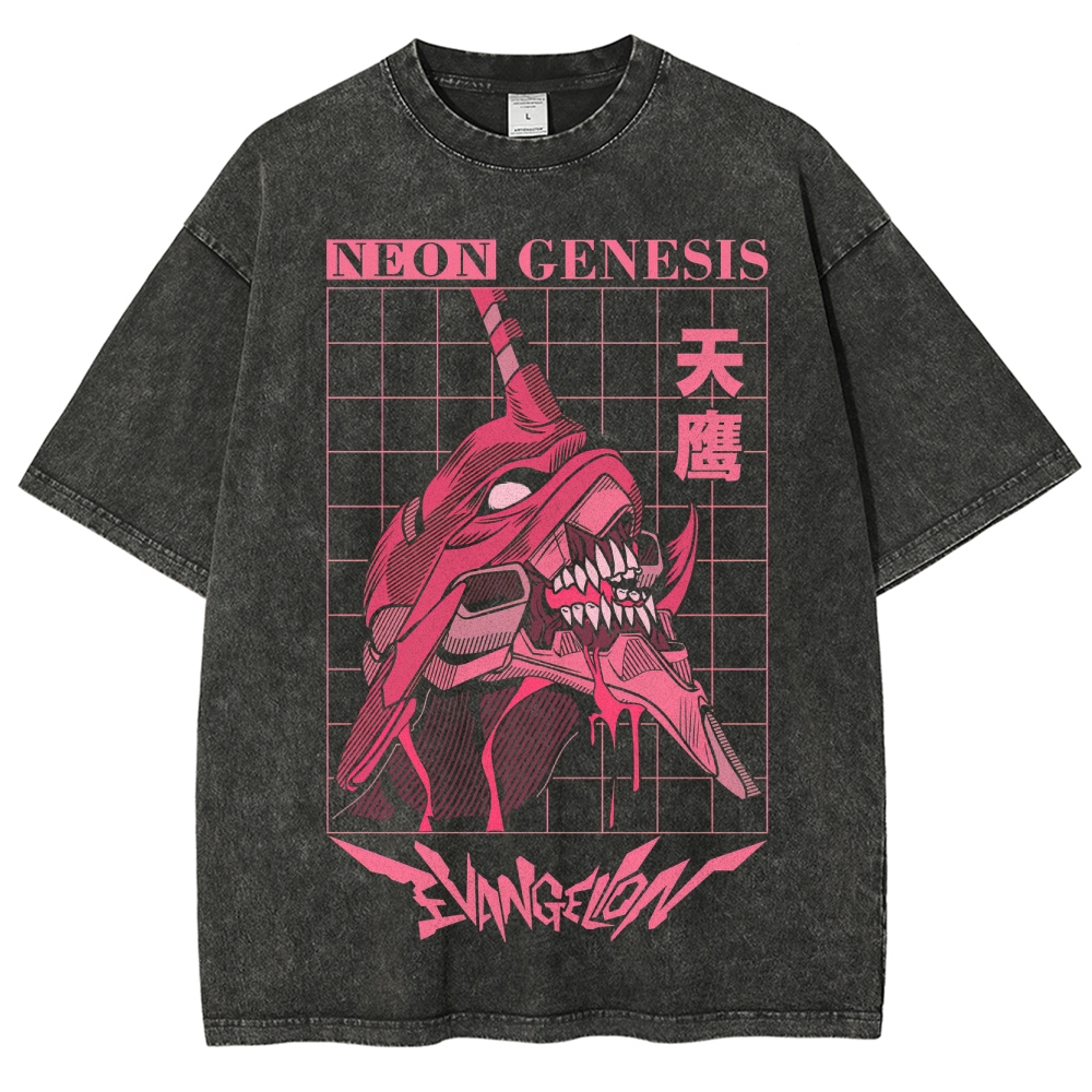 Retro "Neon Genesis" Grid-Patterned Mech Graphic Washed T-Shirt