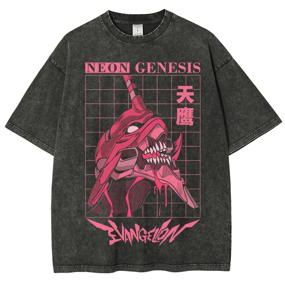 Retro "Neon Genesis" Grid-Patterned Mech Graphic Washed T-Shirt