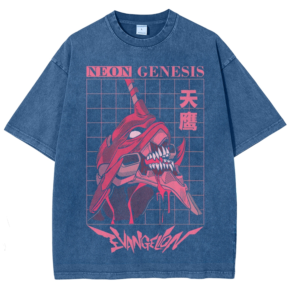 Retro "Neon Genesis" Grid-Patterned Mech Graphic Washed T-Shirt