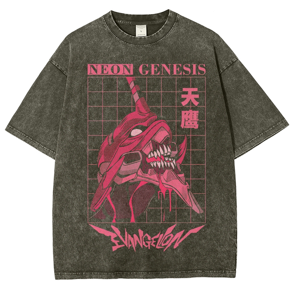 Retro "Neon Genesis" Grid-Patterned Mech Graphic Washed T-Shirt