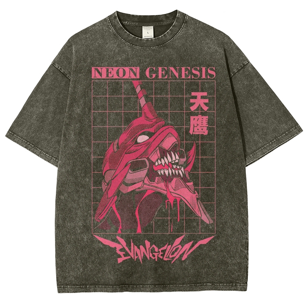 Retro "Neon Genesis" Grid-Patterned Mech Graphic Washed T-Shirt