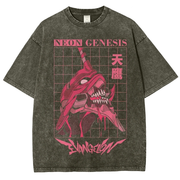 Retro "Neon Genesis" Grid-Patterned Mech Graphic Washed T-Shirt