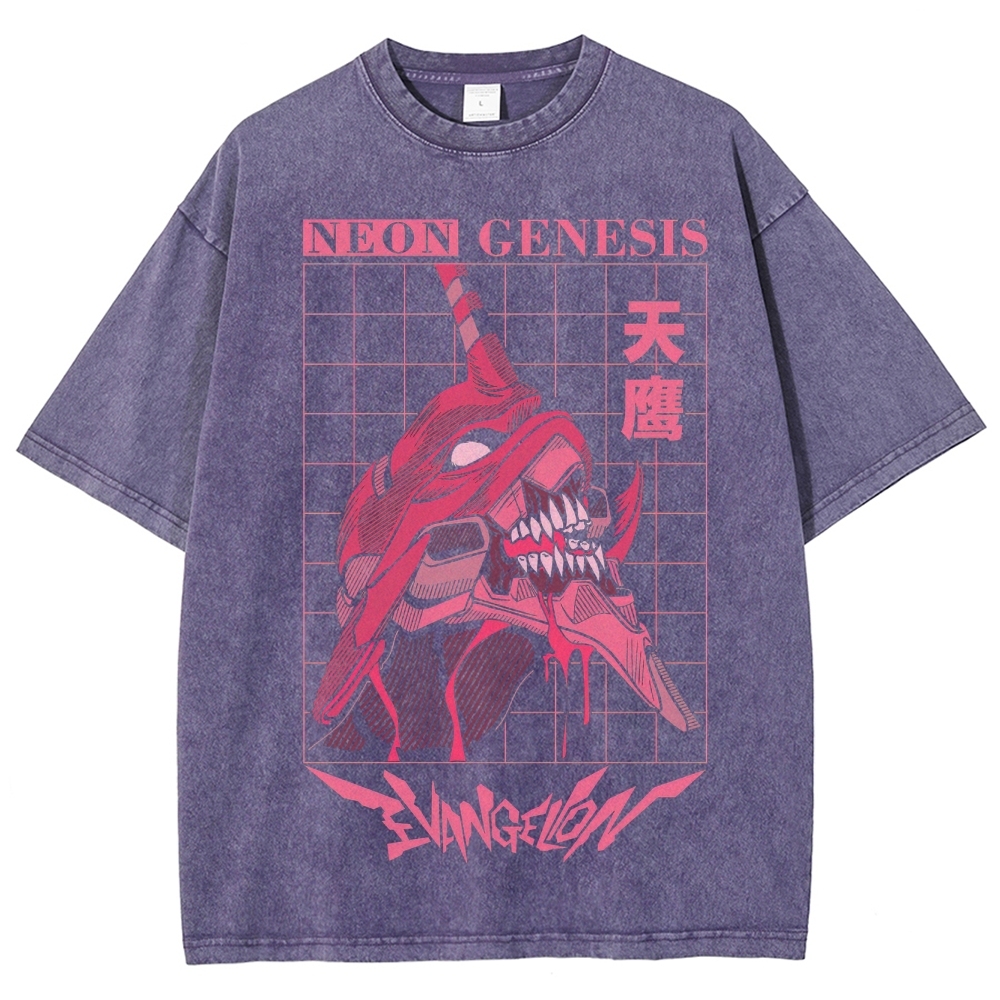 Retro "Neon Genesis" Grid-Patterned Mech Graphic Washed T-Shirt