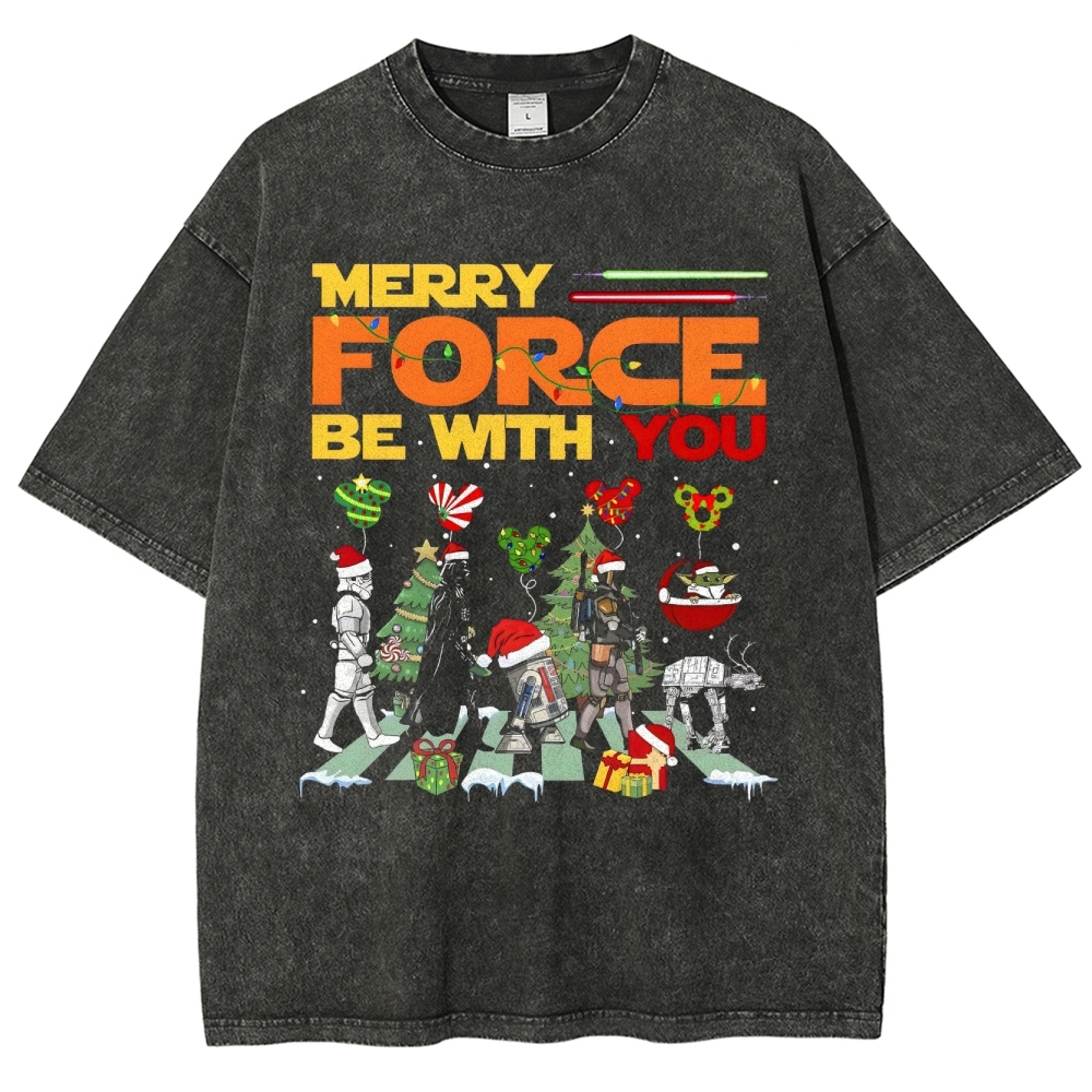 Retro "Merry Force Be With You" Holiday-Themed Character Graphic Washed T-Shirt