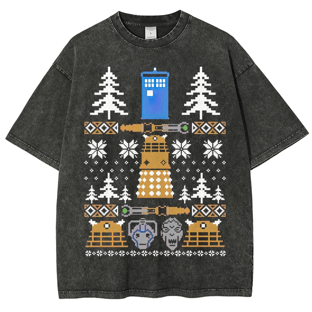Retro "Pixelated Holiday Sci-Fi" Knit-Style Graphic Washed T-Shirt