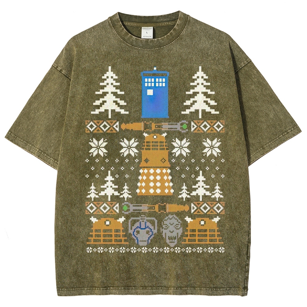 Retro "Pixelated Holiday Sci-Fi" Knit-Style Graphic Washed T-Shirt