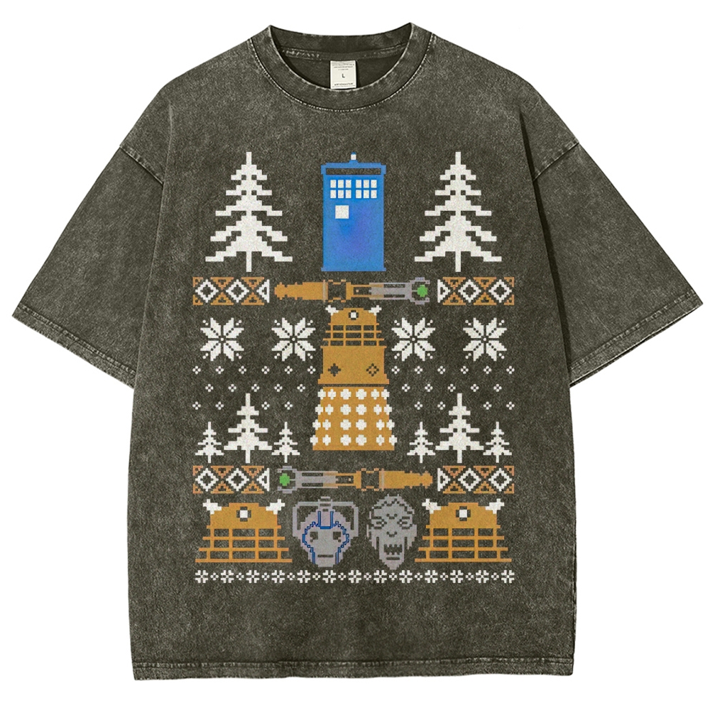 Retro "Pixelated Holiday Sci-Fi" Knit-Style Graphic Washed T-Shirt