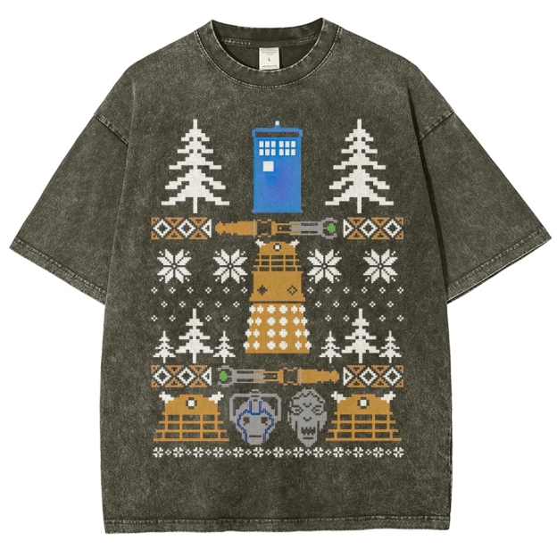 Retro "Pixelated Holiday Sci-Fi" Knit-Style Graphic Washed T-Shirt