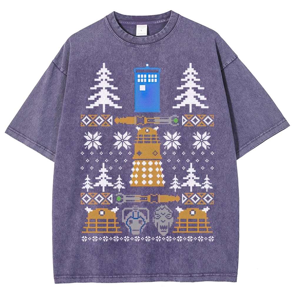 Retro "Pixelated Holiday Sci-Fi" Knit-Style Graphic Washed T-Shirt