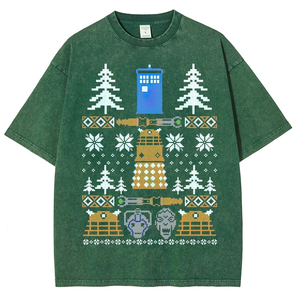 Retro "Pixelated Holiday Sci-Fi" Knit-Style Graphic Washed T-Shirt