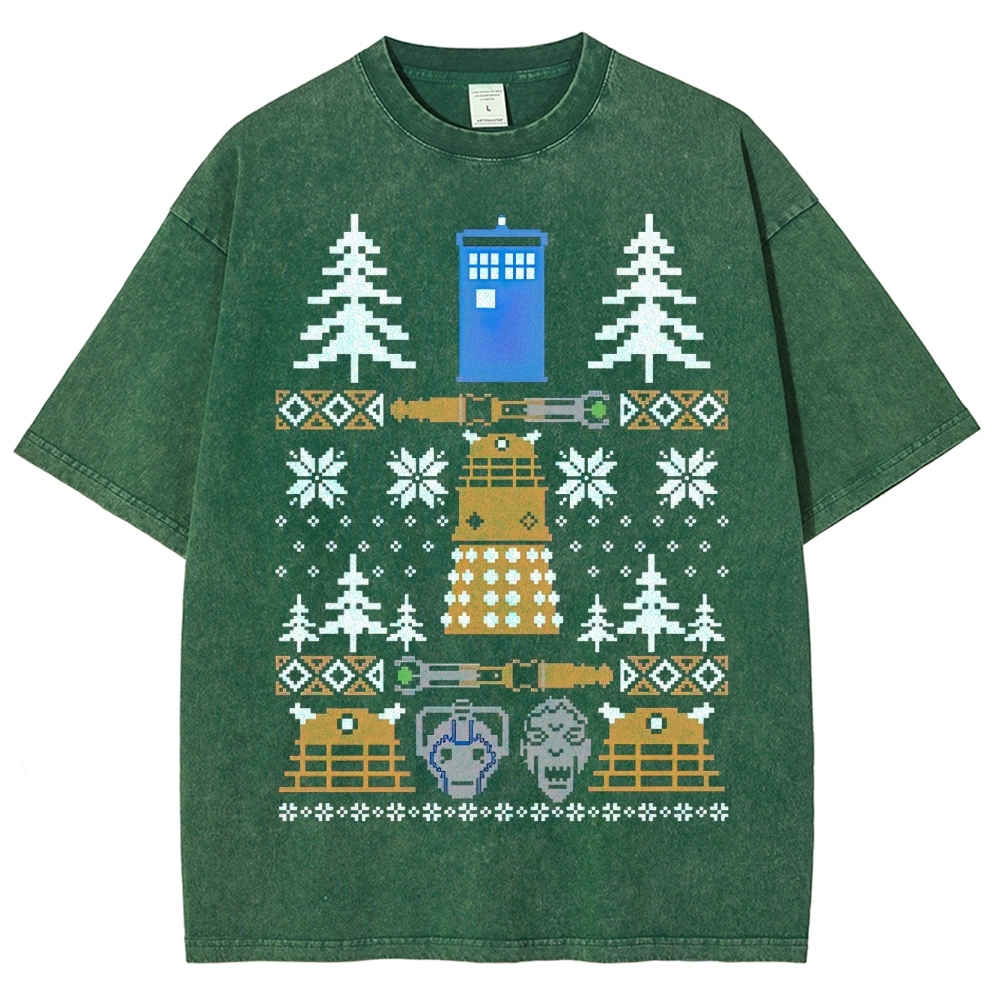 Retro "Pixelated Holiday Sci-Fi" Knit-Style Graphic Washed T-Shirt