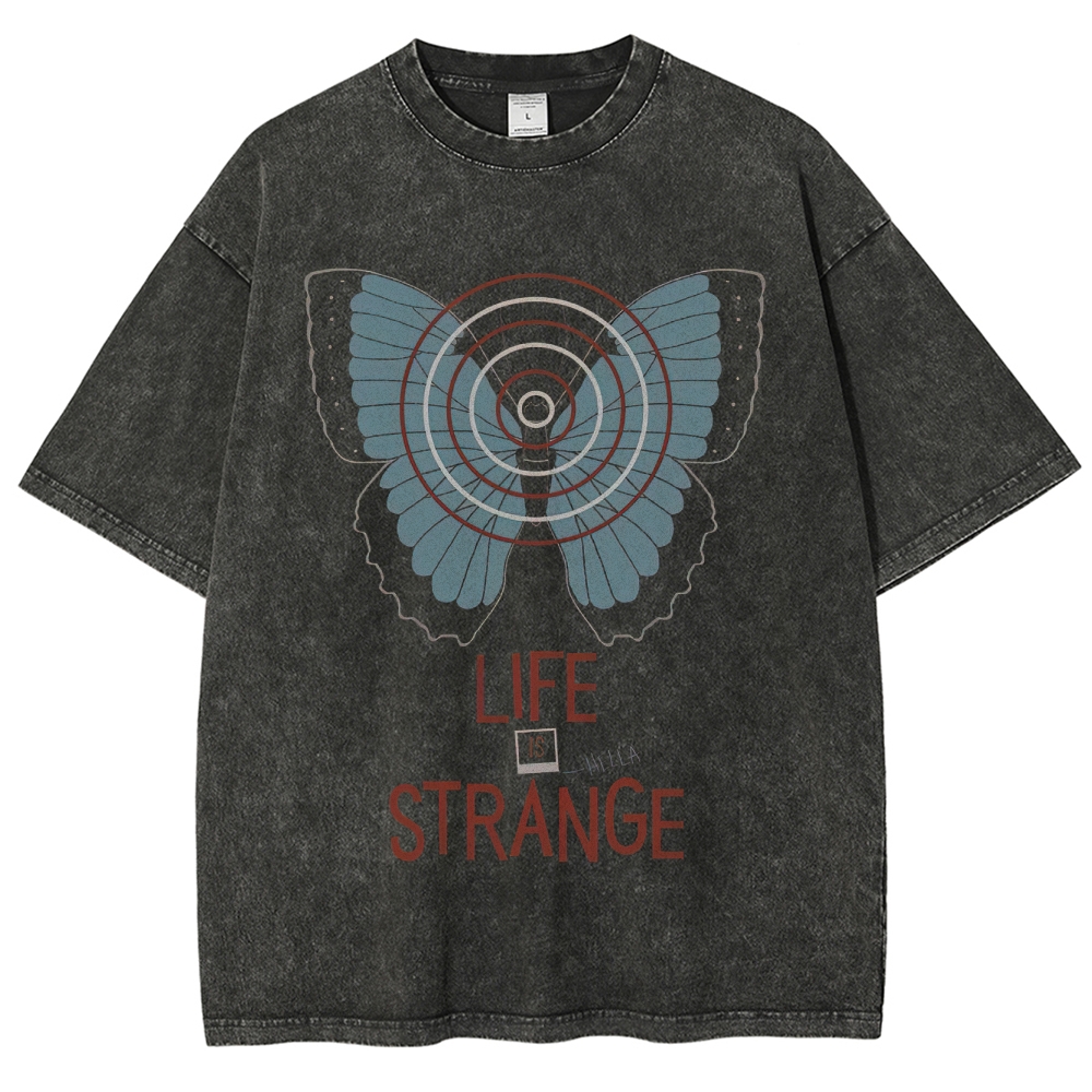 Retro "Life Is Strange" Butterfly & Radar Graphic Washed T-Shirt