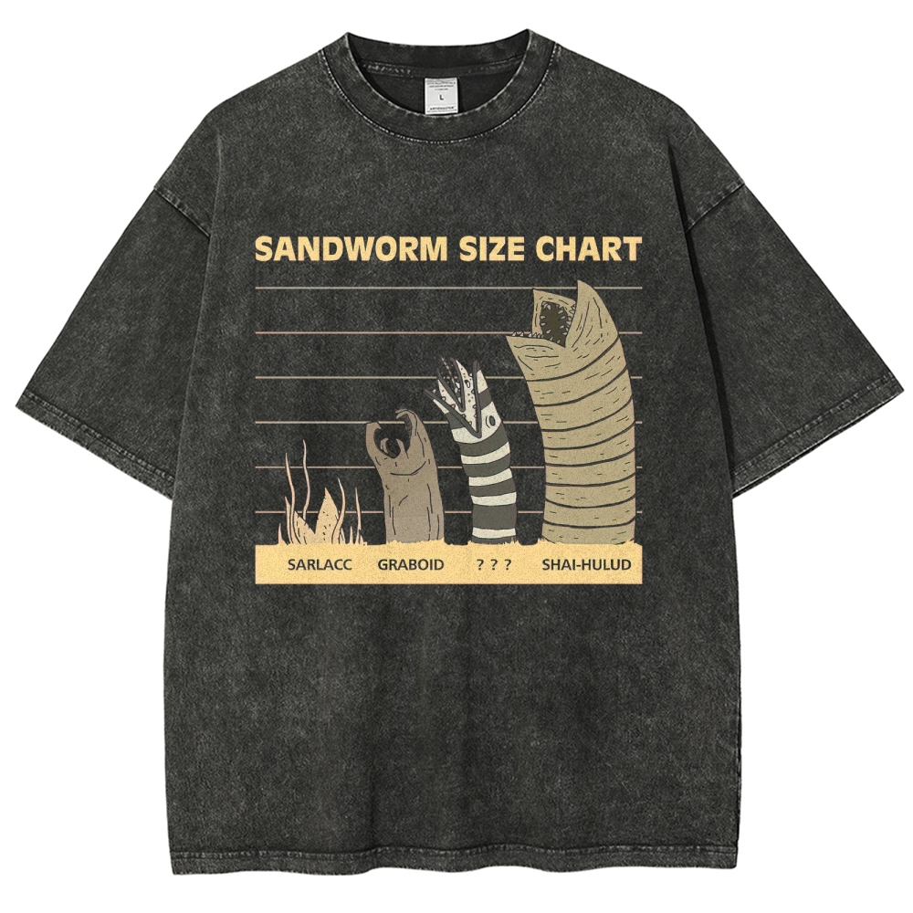 Retro "Sandworm Size Chart" Creature Comparison Graphic Washed T-Shirt 