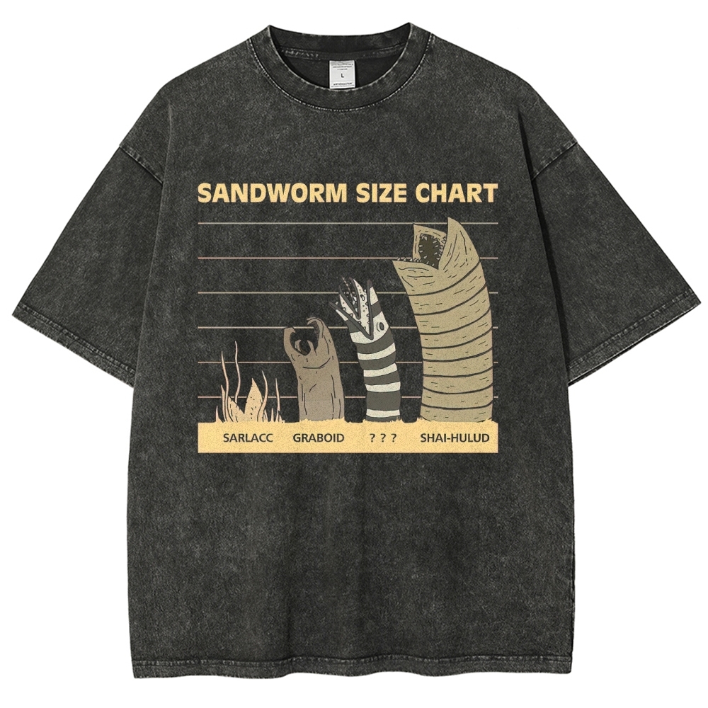 Retro "Sandworm Size Chart" Creature Comparison Graphic Washed T-Shirt 