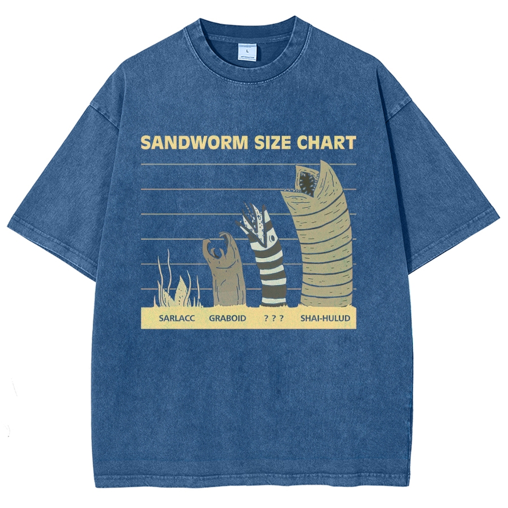 Retro "Sandworm Size Chart" Creature Comparison Graphic Washed T-Shirt 