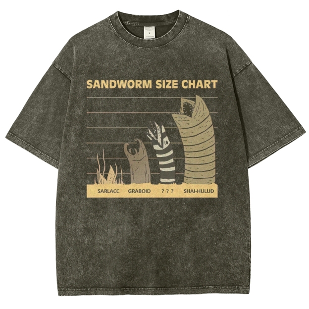 Retro "Sandworm Size Chart" Creature Comparison Graphic Washed T-Shirt 