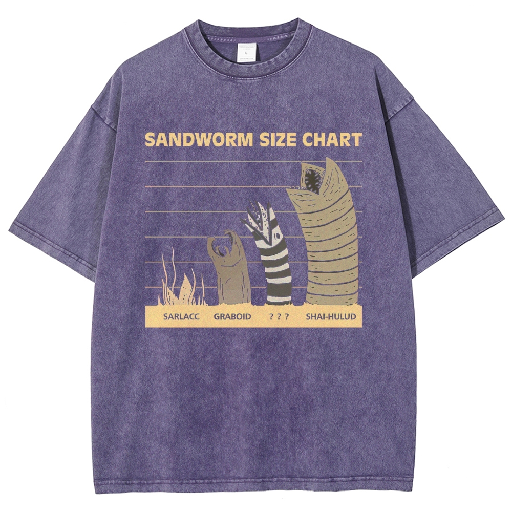 Retro "Sandworm Size Chart" Creature Comparison Graphic Washed T-Shirt 