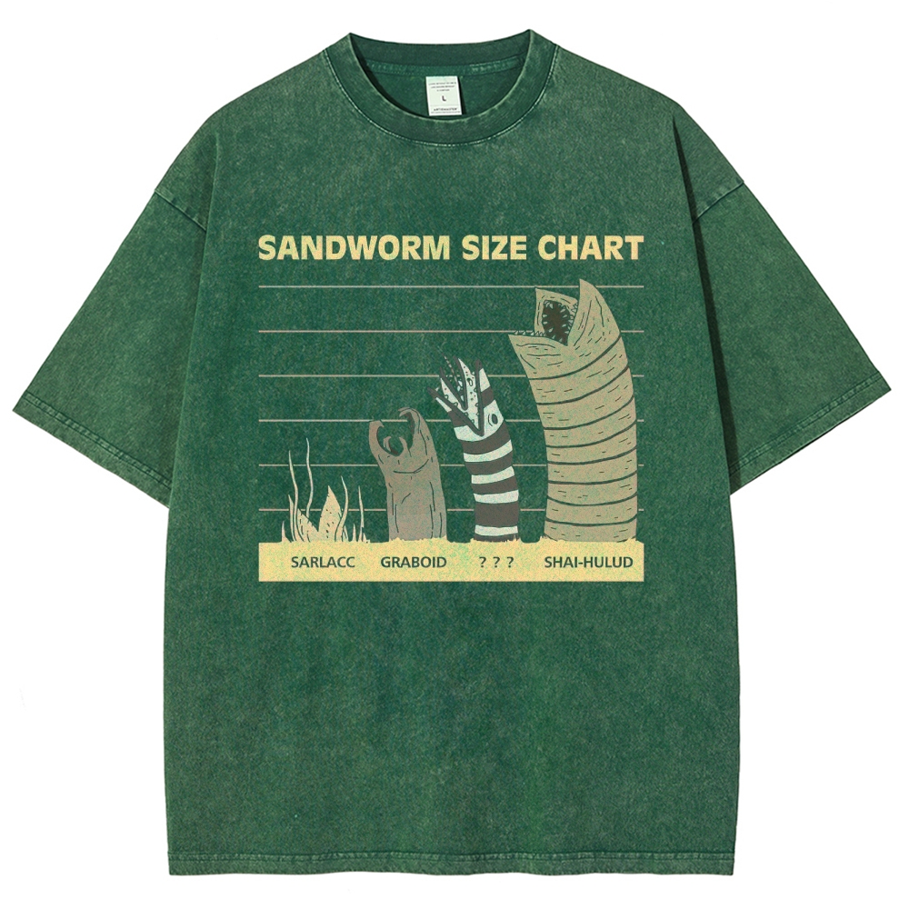 Retro "Sandworm Size Chart" Creature Comparison Graphic Washed T-Shirt 