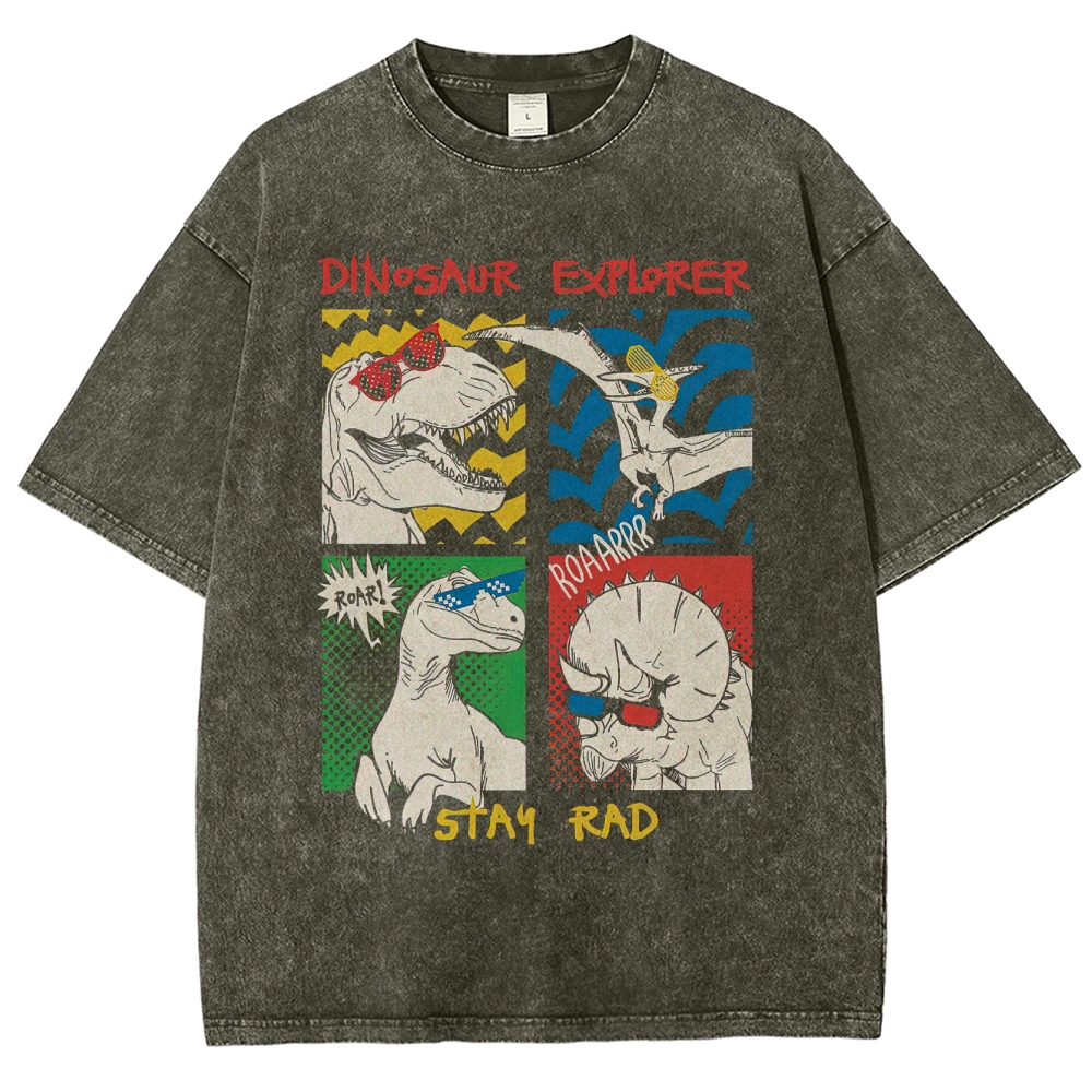 Retro "Dinosaur Explorer" Pop-Art Style Graphic Washed T-Shirt