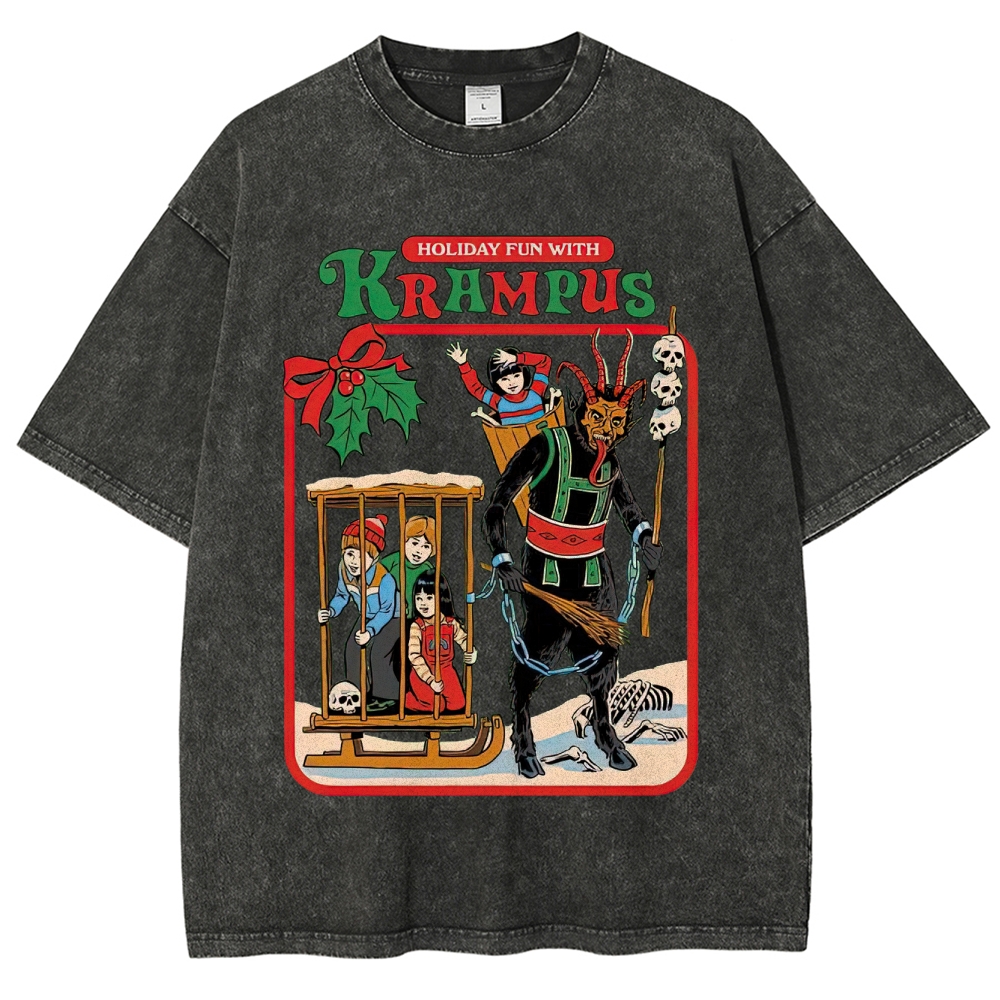 Retro "Holiday Fun With Krampus" Festive Horror Graphic Washed T-Shirt