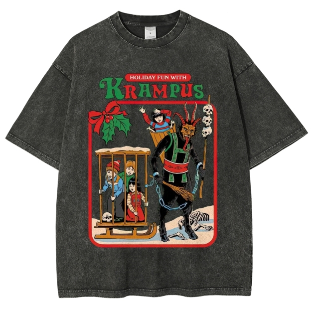 Retro "Holiday Fun With Krampus" Festive Horror Graphic Washed T-Shirt