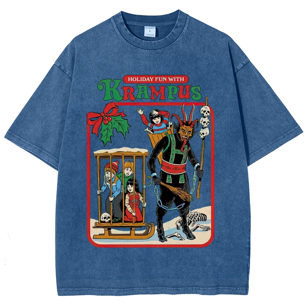Retro "Holiday Fun With Krampus" Festive Horror Graphic Washed T-Shirt
