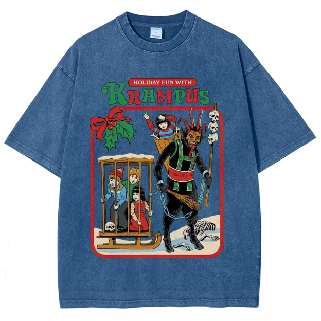 Retro "Holiday Fun With Krampus" Festive Horror Graphic Washed T-Shirt