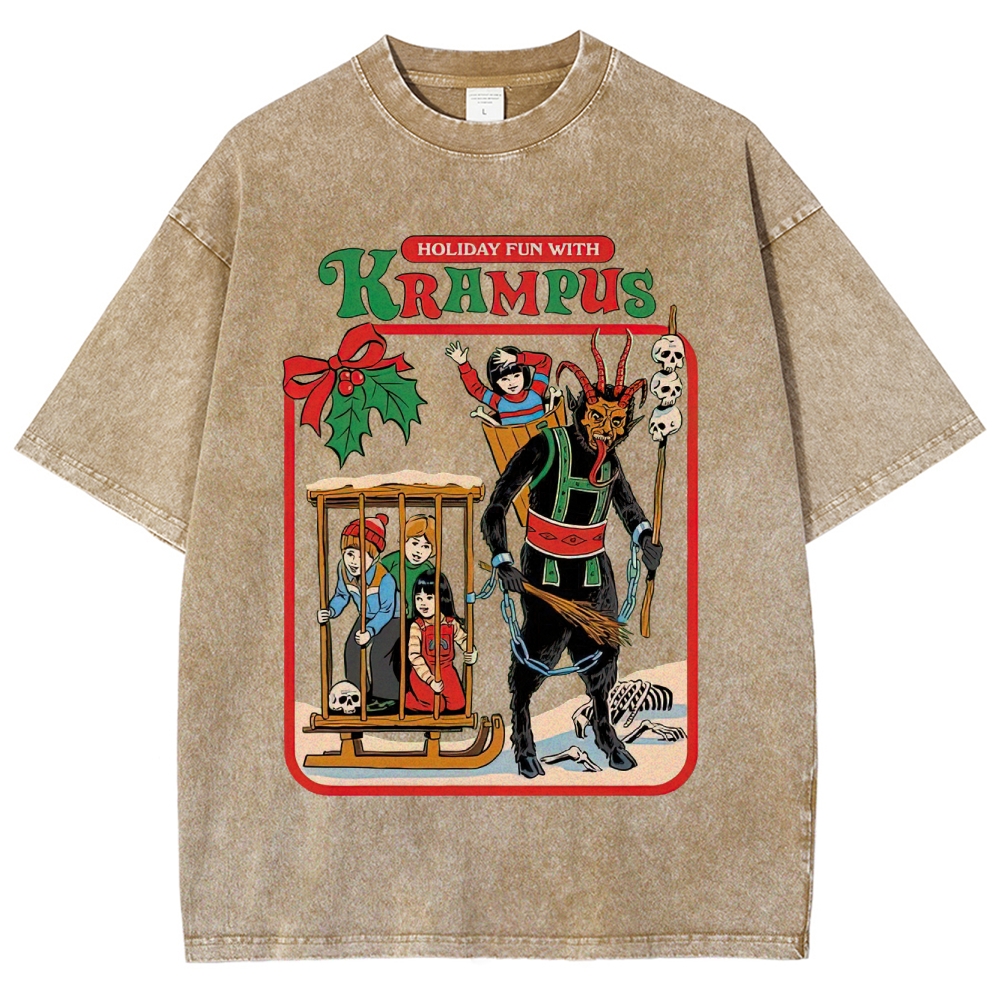 Retro "Holiday Fun With Krampus" Festive Horror Graphic Washed T-Shirt