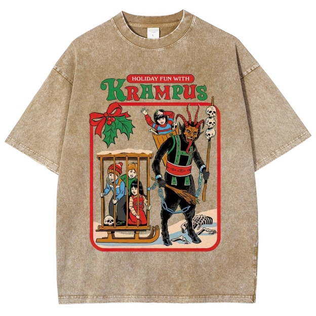 Retro "Holiday Fun With Krampus" Festive Horror Graphic Washed T-Shirt