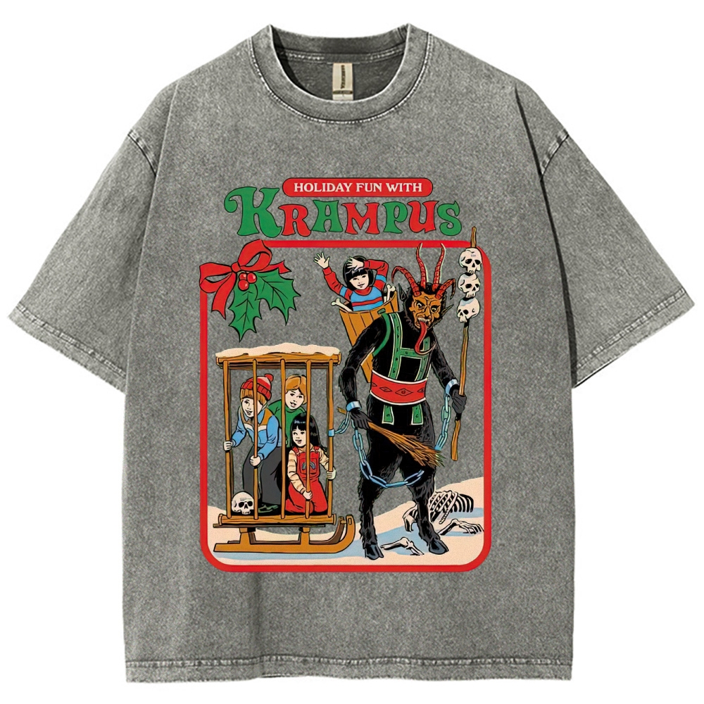 Retro "Holiday Fun With Krampus" Festive Horror Graphic Washed T-Shirt