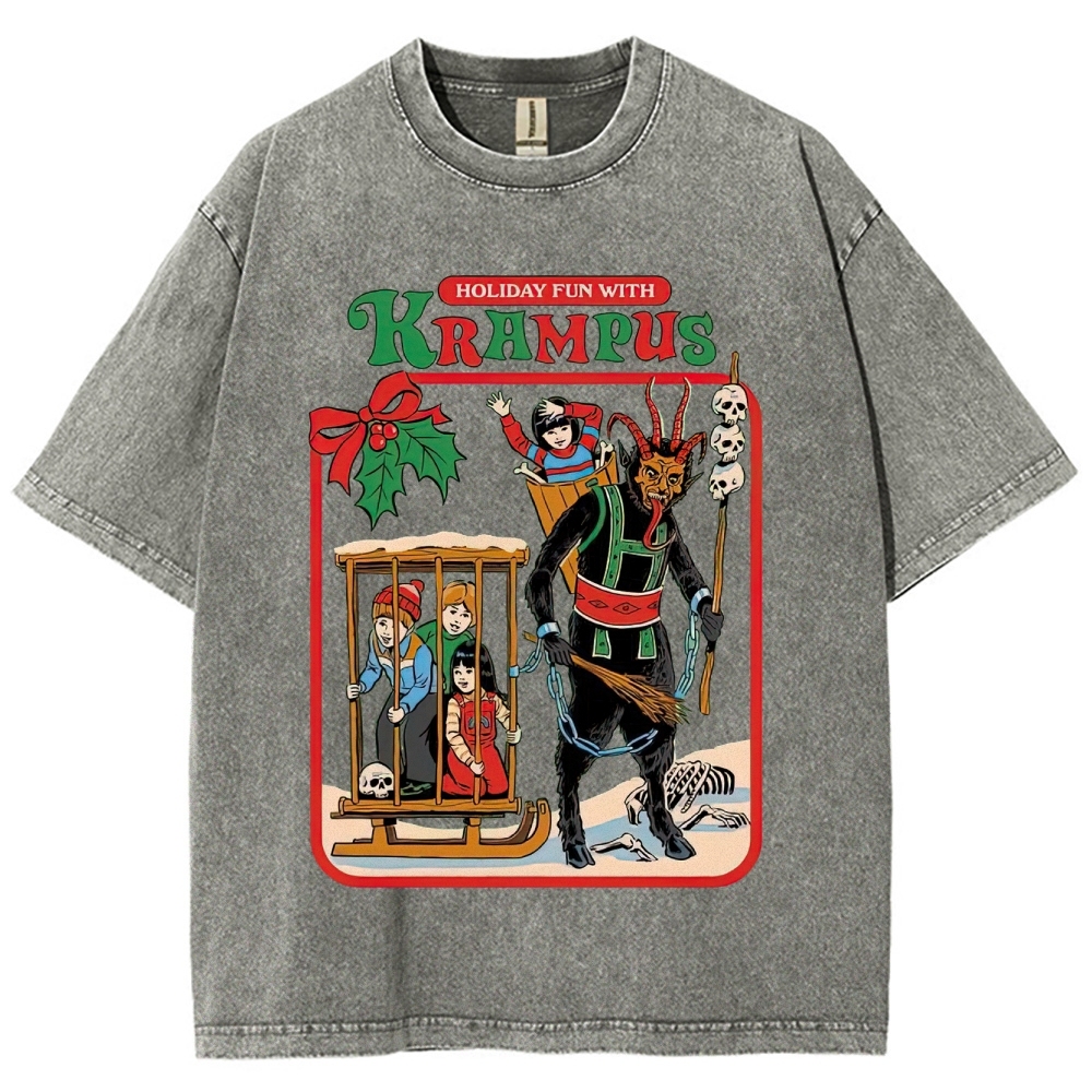 Retro "Holiday Fun With Krampus" Festive Horror Graphic Washed T-Shirt