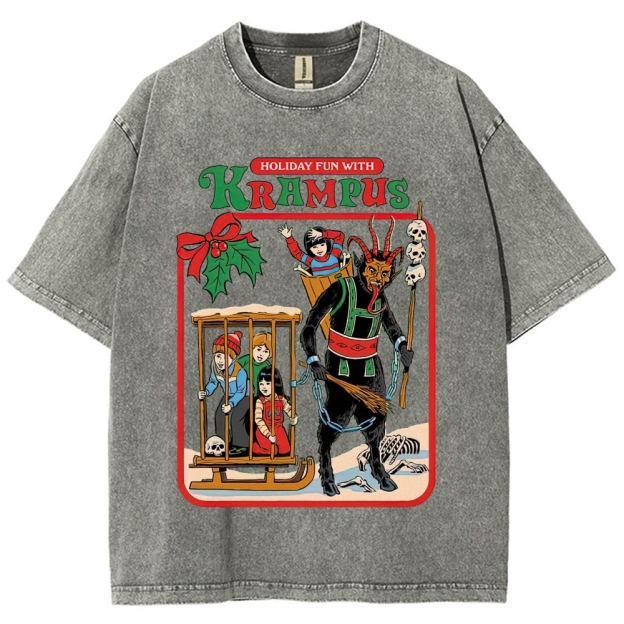 Retro "Holiday Fun With Krampus" Festive Horror Graphic Washed T-Shirt