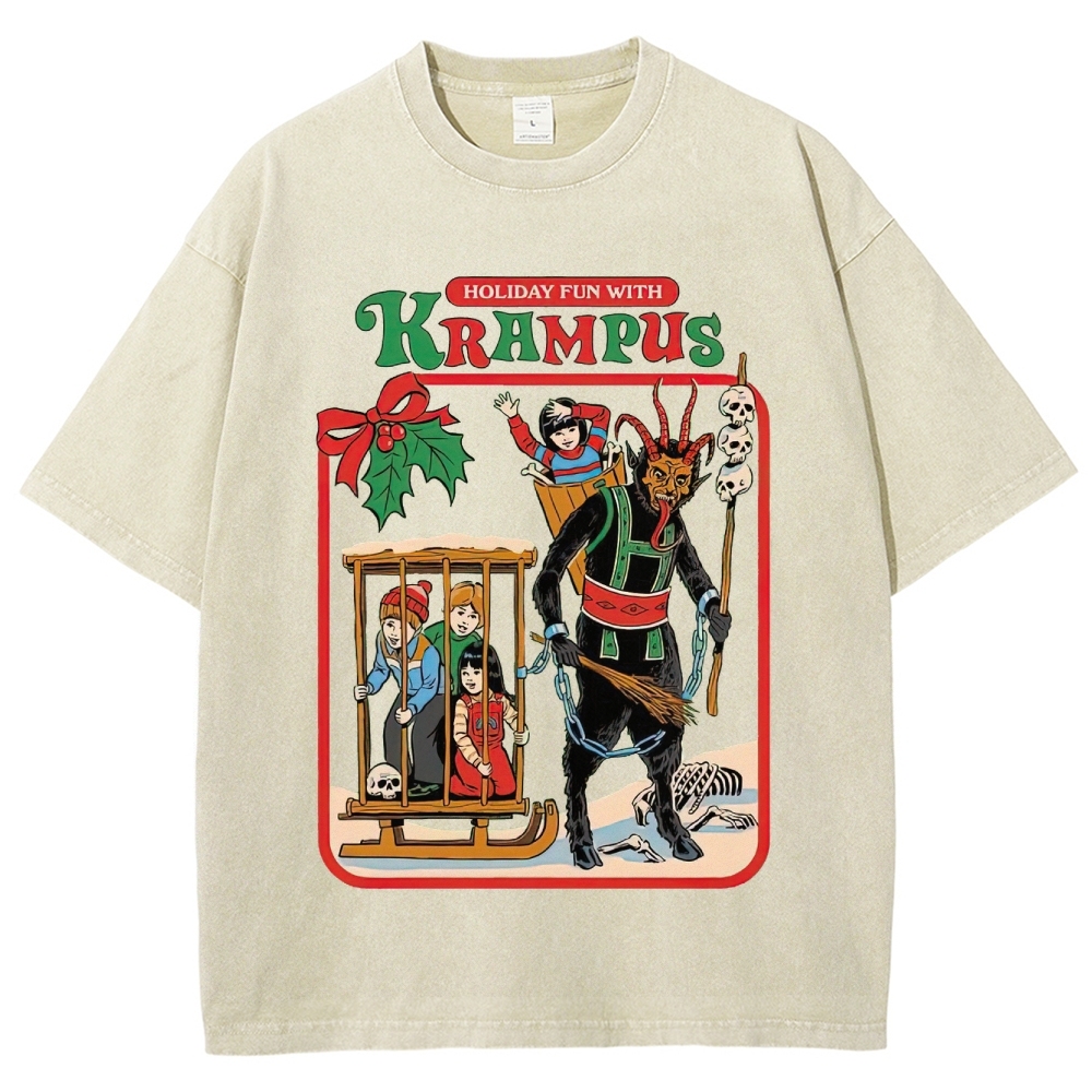 Retro "Holiday Fun With Krampus" Festive Horror Graphic Washed T-Shirt
