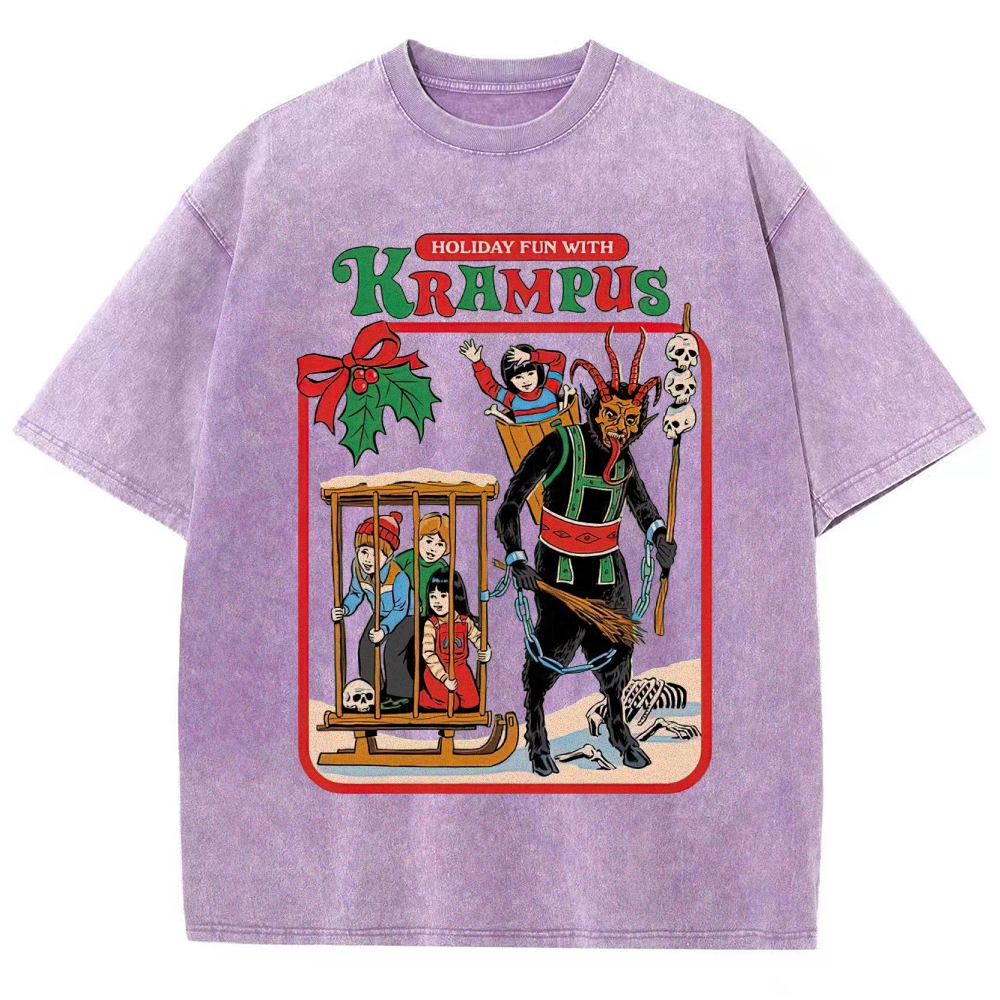 Retro "Holiday Fun With Krampus" Festive Horror Graphic Washed T-Shirt