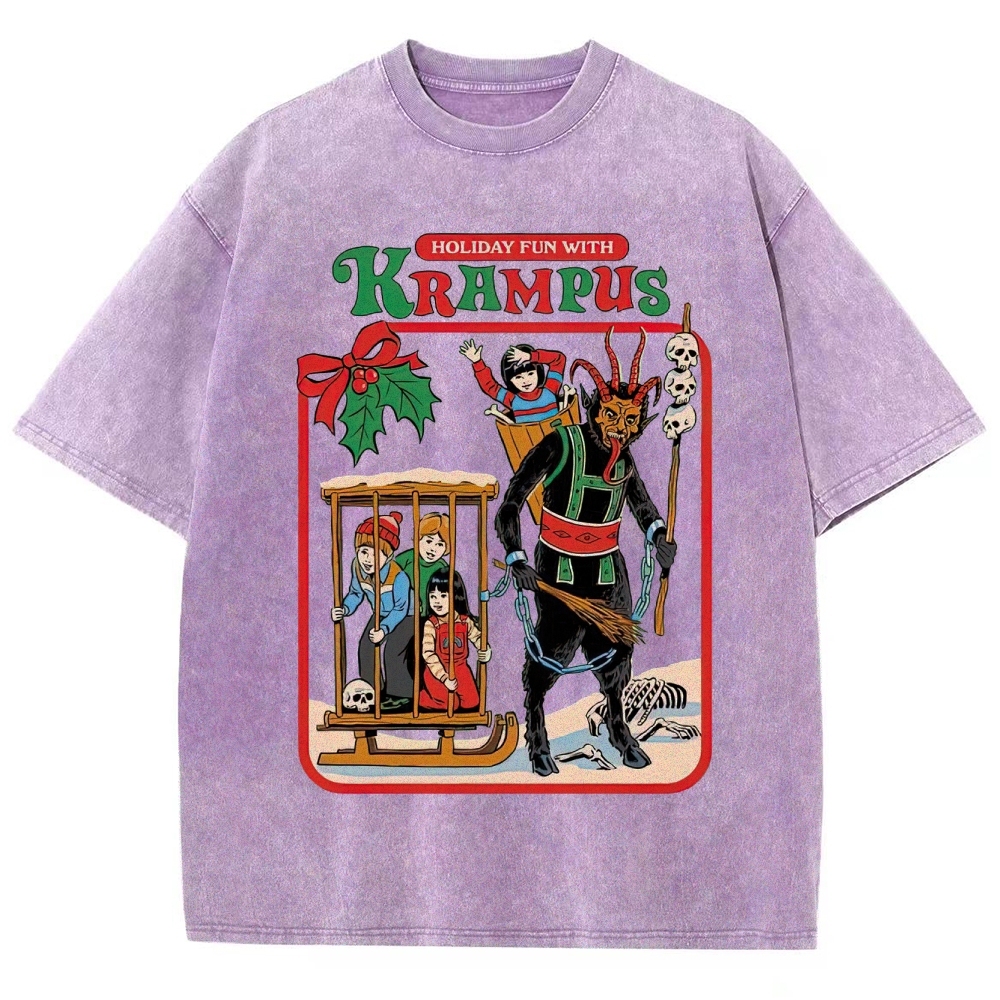Retro "Holiday Fun With Krampus" Festive Horror Graphic Washed T-Shirt