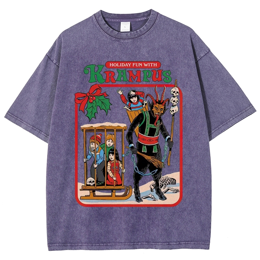 Retro "Holiday Fun With Krampus" Festive Horror Graphic Washed T-Shirt
